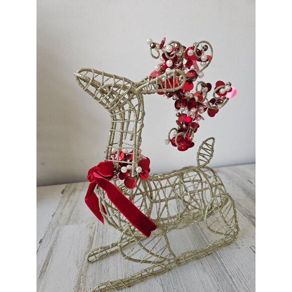 Pier 1 metal glitter gold sequin reindeer deer red decor centerpiece sparkle - Picture 2 of 11